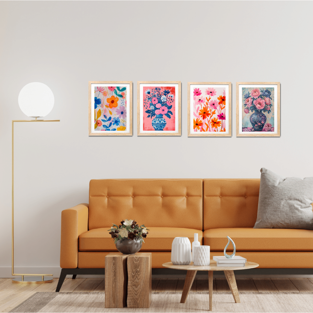 Set of 4 Boho Wall Art Flower Paintings Framed Poster 10x13 Inches for Home Decoration, Living Room, Bedroom, hall, Kitchen, and Office Wall Decoration Classic