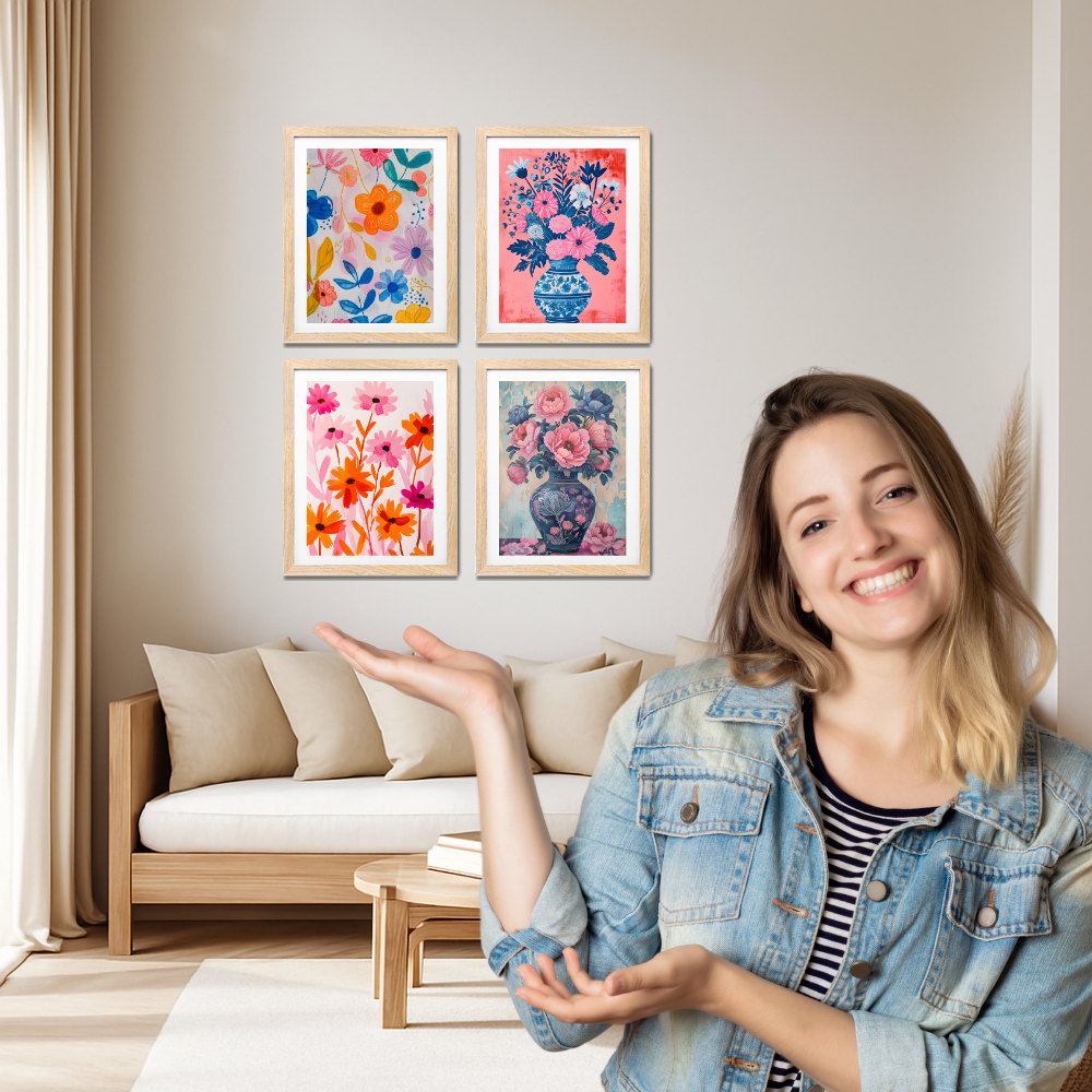 Set of 4 Boho Wall Art Flower Paintings Framed Poster 10x13 Inches for Home Decoration, Living Room, Bedroom, hall, Kitchen, and Office Wall Decoration Classic