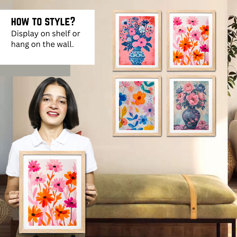 Set of 4 Boho Wall Art Flower Paintings Framed Poster 10x13 Inches for Home Decoration, Living Room, Bedroom, hall, Kitchen, and Office Wall Decoration Classic