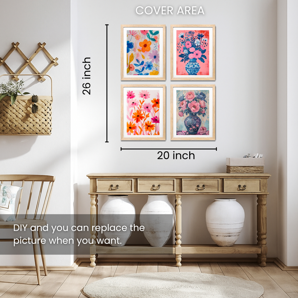 Set of 4 Boho Wall Art Flower Paintings Framed Poster 10x13 Inches for Home Decoration, Living Room, Bedroom, hall, Kitchen, and Office Wall Decoration Classic