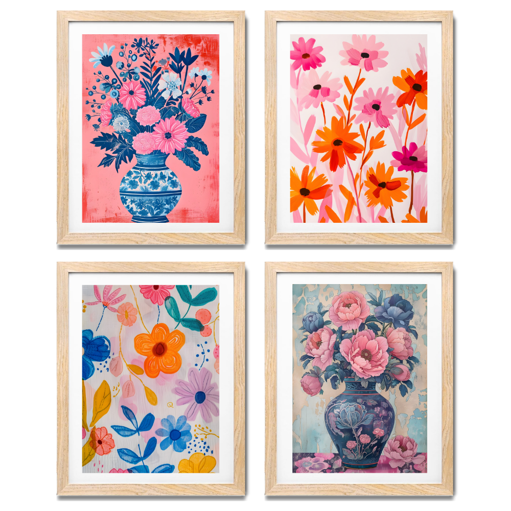 Set of 4 Boho Wall Art Flower Paintings Framed Poster 10x13 Inches for Home Decoration, Living Room, Bedroom, hall, Kitchen, and Office Wall Decoration Classic