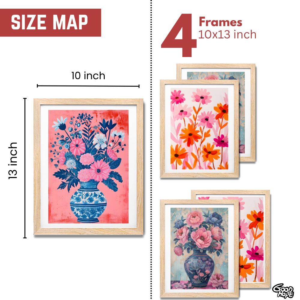 Set of 4 Boho Wall Art Flower Paintings Framed Poster 10x13 Inches for Home Decoration, Living Room, Bedroom, hall, Kitchen, and Office Wall Decoration Classic