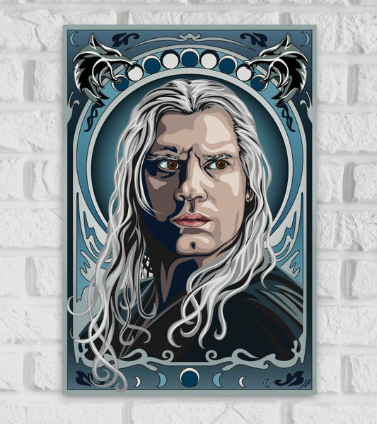 Illustrated poster of Geralt of Rivia, the main character from The Witcher series, featuring a detailed portrait of a man with long white hair, golden eyes, and a serious expression. The background is filled with intricate designs, phases of the moon, and two wolf heads on either side, symbolizing his connection to the Wolf School. The overall tone is mystical and heroic with cool, muted colors Fictional character The Witcher series Andrzej Sapkowski Hollywood Adventure Movies