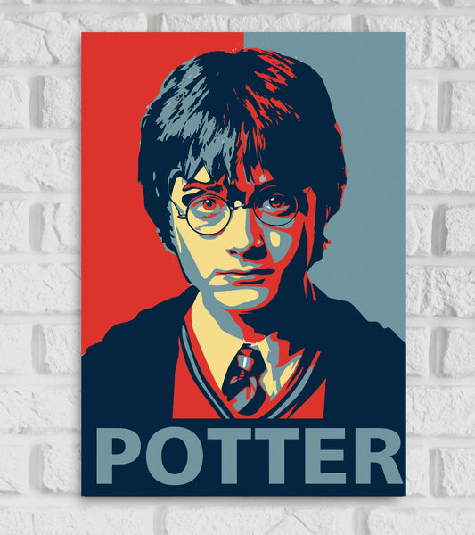 Stylized poster of Harry Potter in a pop art design inspired by the famous "Hope" poster style. The image features Harry with his iconic round glasses and school uniform, divided into bold blocks of red, blue, and beige tones. The word "POTTER" is written in large capital letters at the bottom in a matching blue shade. Hollywood Movies