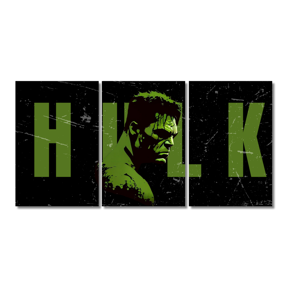 Grunge-style 3-panel wall poster featuring the Hulk in green against a black background with the word "HULK" split across the panels. The design has a distressed texture for a bold, edgy look.
