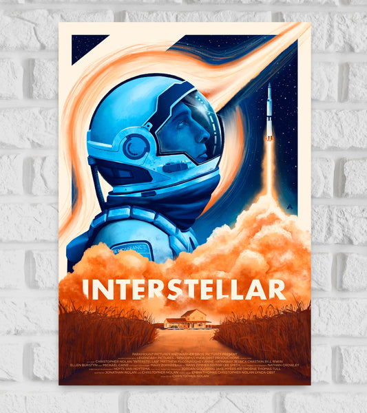 Illustrated poster of Interstellar featuring a close-up of an astronaut in a blue space suit gazing upward. A rocket launches into the starry sky with swirling orange and cream-colored trails. Below, a farmhouse sits amid a brown field, with the bold title “INTERSTELLAR” across the middle. The poster has cinematic credits at the bottom and a dramatic, atmospheric color palette of blue, orange, and white. Hollywood Movies epic science fiction film 