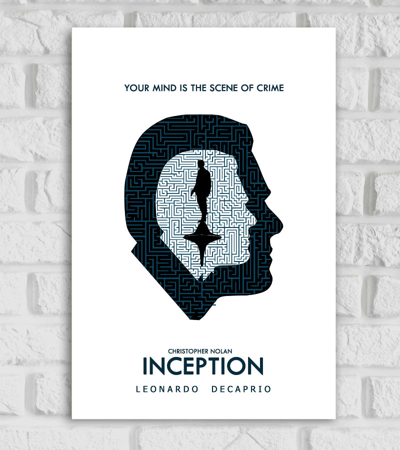 "Minimalist poster of the movie 'Inception' featuring a dark silhouette of a man's head filled with maze patterns. Inside the silhouette, a spinning top and a walking man are illustrated in black and white, symbolizing dream and reality. The text reads 'YOUR MIND IS THE SCENE OF CRIME' at the top, and 'CHRISTOPHER NOLAN INCEPTION LEONARDO DICAPRIO' at the bottom" Sci-fi Action Christopher Nolan Hollywood Action advenure Emma Thomas 