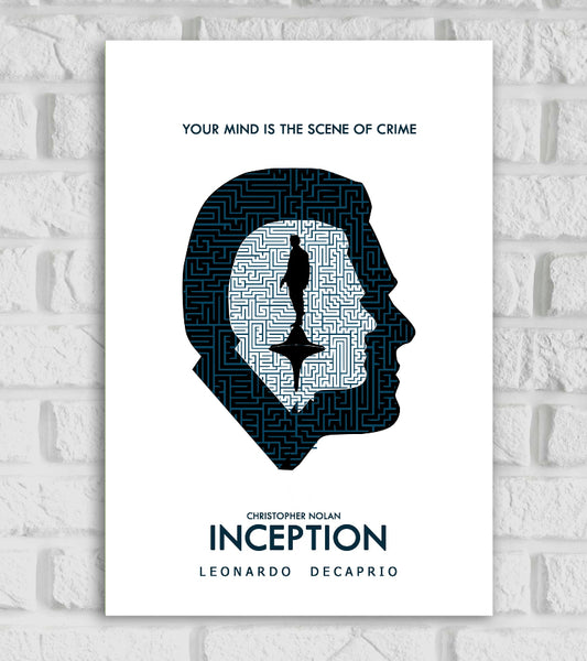 "Minimalist poster of the movie 'Inception' featuring a dark silhouette of a man's head filled with maze patterns. Inside the silhouette, a spinning top and a walking man are illustrated in black and white, symbolizing dream and reality. The text reads 'YOUR MIND IS THE SCENE OF CRIME' at the top, and 'CHRISTOPHER NOLAN INCEPTION LEONARDO DICAPRIO' at the bottom" Sci-fi Action Christopher Nolan Hollywood Action advenure Emma Thomas 