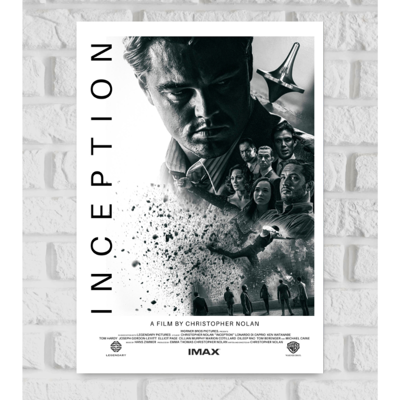 Poster of the movie 'Inception' directed by Christopher Nolan, featuring a grayscale collage of key characters including Leonardo DiCaprio in a dominant central position. Explosions of debris and architectural elements surround the characters, creating a dreamlike, fragmented effect. A spinning top, symbolic of the movie's plot, appears in the upper right. The title 'INCEPTION' is written vertically on the left side, and credits are listed at the bottom
