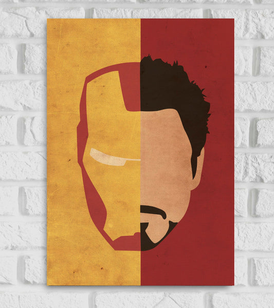 Minimalist poster of Iron Man featuring a split design The left half of the image shows Iron Man’s iconic gold and red helmet while the right half displays Tony Stark’s face with his signature goatee and hairstyle The background colors mirror the characters: gold on the Iron Man side and red on the Tony Stark side The artwork uses simple shapes and a textured finish to create a bold and striking visual that symbolizes the dual identity of the character Hollywood American Avengers Actor Face