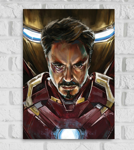 Artistic poster of Iron Man featuring a digital painting of Tony Stark in his Iron Man suit. The portrait shows him with a fierce and determined expression, illuminated by the glowing arc reactor on his chest Behind him a faint image of the Iron Man helmet looms adding depth and power to the composition. The painting style uses bold brushstrokes and dramatic lighting to highlight the intensity of the character capturing both his humanity and heroism Hollywood American Avengers Tony stark Actor