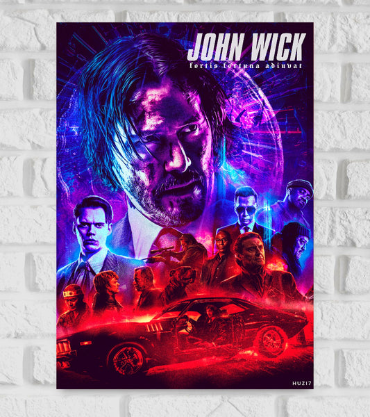 Poster of John Wick featuring a stylized neon-colored collage of characters with John Wick, played by Keanu Reeves, prominently in the center. Surrounding him are intense portraits of other characters, action scenes, and a black muscle car glowing in red. The background features a large glowing circular motif and cityscape, with the title “JOHN WICK” and the phrase “fortis fortuna adiuvat” written at the top John Wick is an American media franchise created by Derek Kolstad Hollywood Action Drama Thrill