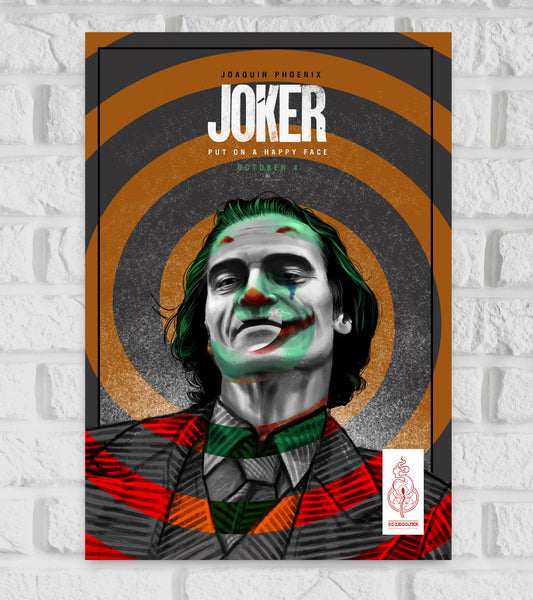 Poster of Joker featuring Joaquin Phoenix as the Joker with a stylized, artistic rendering of his face in green and white clown makeup, set against a bold orange and black target-like background. The text reads “Put on a Happy Face” with the release date “October 4” below. The artwork has a gritty texture and includes a red emblem and artist credit “@DIEGOJTK” in the bottom right corner Thriller Crime Hollywood Action Actor American psychological Scott Silver Based on DC Comics characters it stars Joaquin 