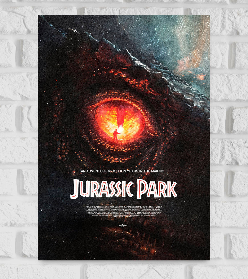 Poster of Jurassic Park featuring a dramatic close-up of a dinosaur's eye with a fiery glow. Reflected in the eye is a small silhouette of a person holding a flare, standing in the rain. The tagline reads “An adventure 65 million years in the making...” with the title “Jurassic Park” prominently displayed below in bold white and red letters  American science fiction action film Hollywood Actor Steven Spielberg  Richard Attenborough