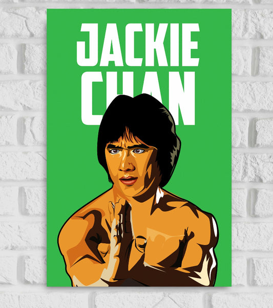 Poster of Jackie Chan in a bold vector art style, showing him shirtless with a focused expression and hands in a martial arts pose. The background is solid green, and the name 'JACKIE CHAN' is written in large, white, bold letters at the top