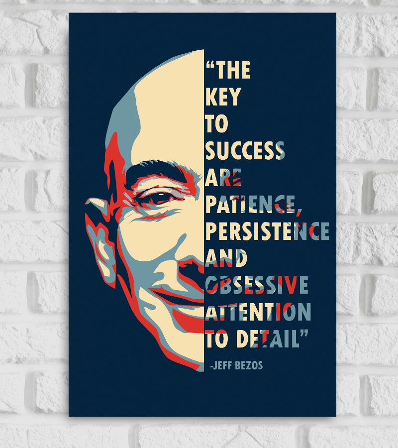 Jeff Bezos American business Magnate former president and CEO of Amazon Key to Success Motivational & Inspiring Quote Greatest Businessman Blue Red Color Wall Decor Decoration Positive Vibes Matte Finish Poster Frame