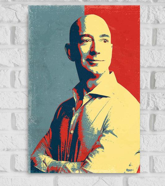 Poster of Jeff Bezos in a stylized pop-art design inspired by the 'Hope' poster style, featuring bold contrasting colors of blue, red, yellow, and cream. Jeff Bezos is shown with arms crossed, wearing a collared shirt, looking confidently to the side. The background is divided into red and blue halves