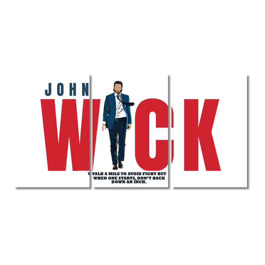 John Wick 3-panel split wall poster featuring Keanu Reeves walking in a suit with bold red "WICK" text and quote on white background. John Wick poster, Keanu Reeves wall art, action movie poster, Wick quote print, John Wick decor, badass character poster, fight quote poster, movie fan frame, John Wick gift, hitman poster, action hero Walk a mile to avoid fight but when one starts, don’t back down an inch. Baba Yaga