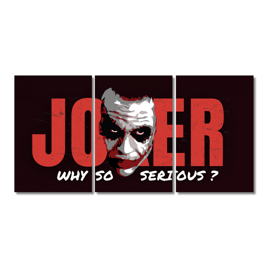Three-piece wall poster of the Joker with a haunting face in the center, large red "JOKER" text in the background, and the quote "Why So Serious?" written in white on a black background; available in 12x18 inch or 9x12 inch sizes.