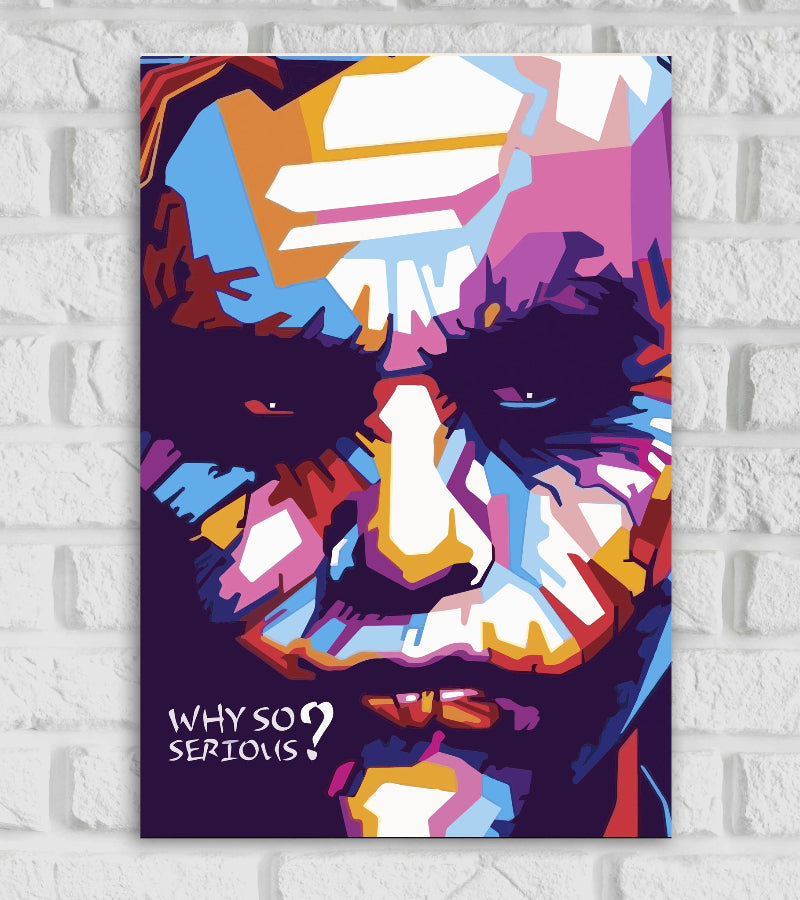 Stylized poster of the Joker featuring a close-up of his face rendered in vibrant, abstract pop-art colors. The eyes are dark and intense, and the expression is sinister, with emphasis on the smudged makeup and haunting grin. The famous quote "Why so serious?" appears in white text at the bottom artwork The background consists of sharp fragmented shapes in shades of purple blue orange and white Hollywood action Drama Movies