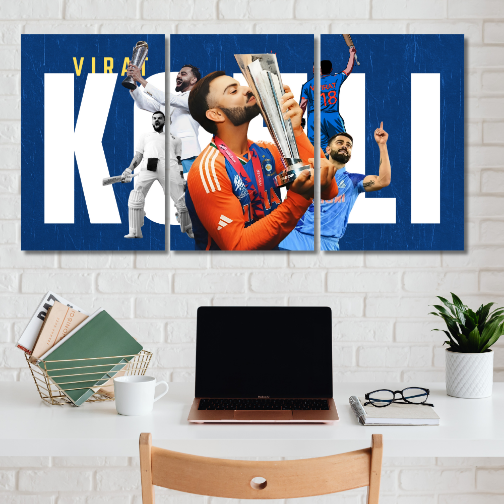 Virat Kohli Cricket Poster – 3 Split Poster Wall Art – World Cup Champion Tribute
