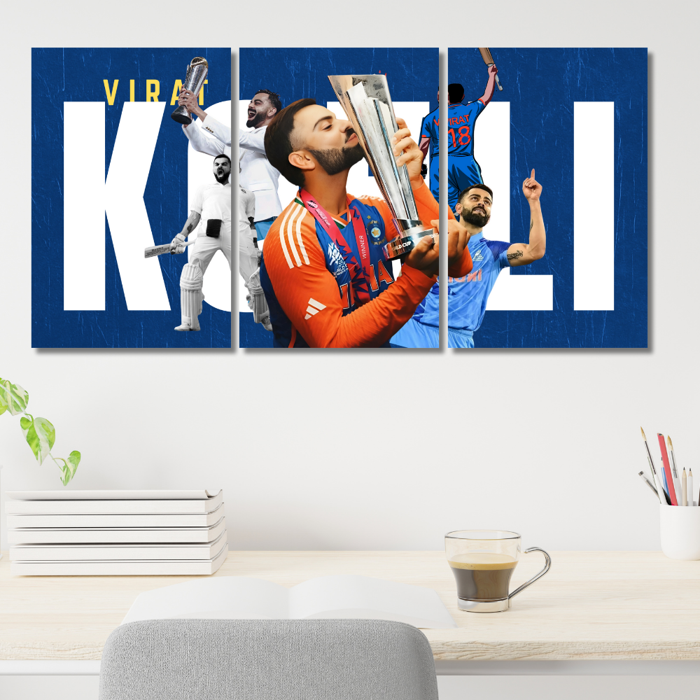 Virat Kohli Cricket Poster – 3 Split Poster Wall Art – World Cup Champion Tribute