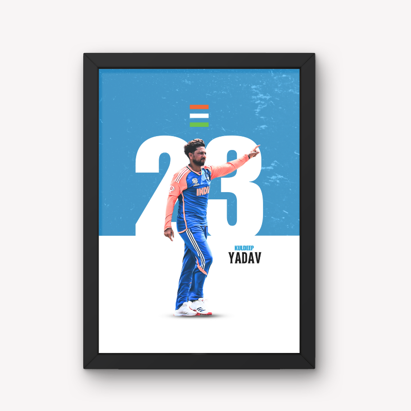 Kuldeep Yadav Indian Cricketer Sports Player Cricket World Cup T20 IPL Motivational Quote White & Blue Color Matte Finish Wall Decor Posters Frame