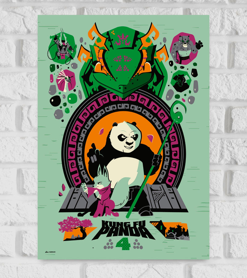 "Poster of the animated movie 'Kung Fu Panda 4' featuring Po the panda holding a green staff in the center with a confident expression. Surrounding him are various characters and a large green dragon design at the top. The background is stylized with Chinese patterns and symbols, and the title 'Kung Fu Panda 4' is displayed at the bottom in bold black and green text." franchise consists mainly of four animated films clumsy panda Jack Black 