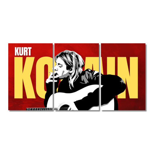 Three-panel split wall poster featuring Kurt Kobain in grayscale playing a guitar and holding a cigarette, set against a bold red background with large yellow "KOBAIN" text and "KURT" written in white; available in 12x18 inch or 9x12 inch sizes.