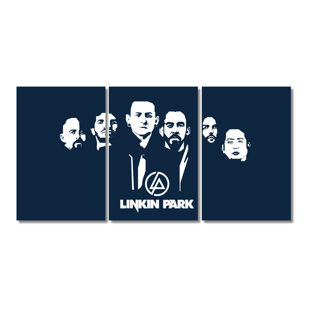 Three-panel wall poster of Linkin Park band members in a bold monochrome design on a dark blue background, featuring the Linkin Park logo and band name in the center, available in 12x18 inch or 9x12 inch sizes.