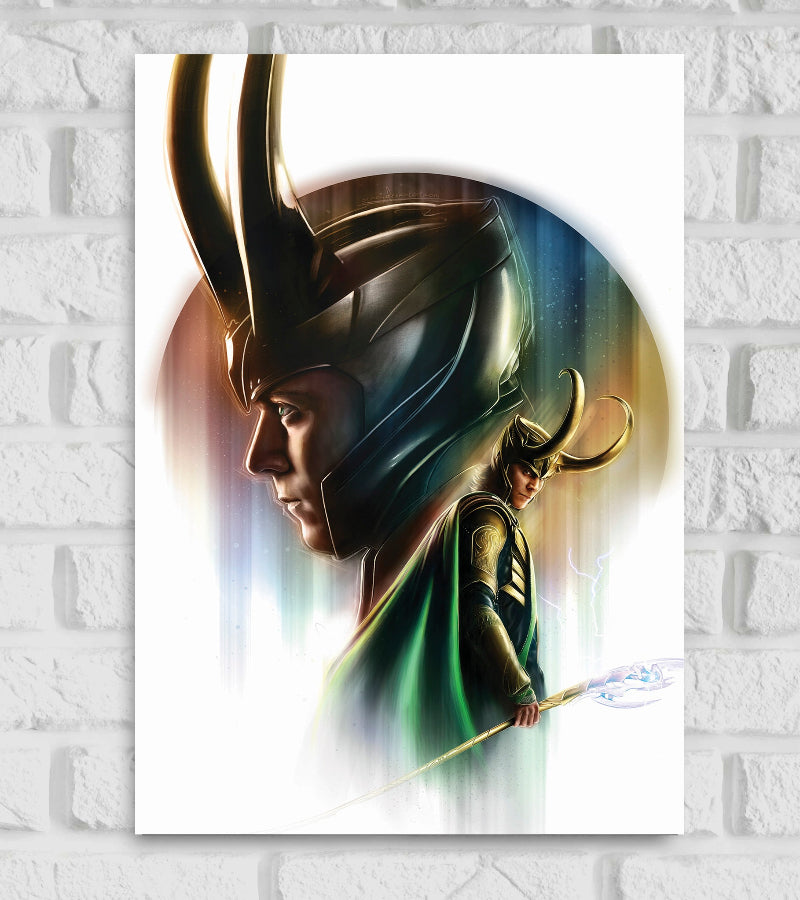 Poster for the Marvel character Loki featuring a dramatic dual portrait On the left a close-up side profile of Loki wearing his iconic horned helmet is shown with a solemn expression On the right a full-body image depicts Loki in regal green gold armor holding a glowing scepter standing against a mystical rainbow-hued background The composition uses light and shadow to create an ethereal powerful atmosphere reflecting Loki’s complexity magical nature in the Marvel universe American television series Michael