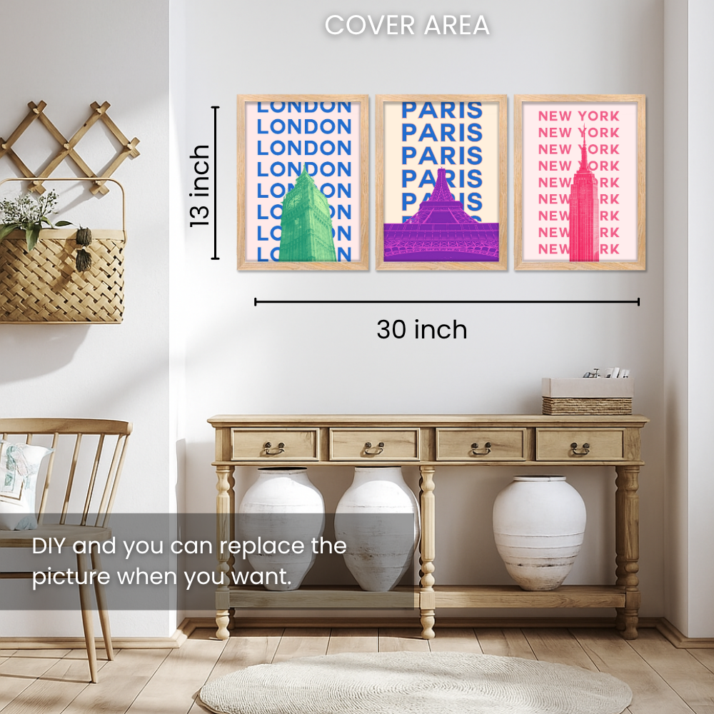 Good Hope Set of 3 Framed POSTER Cityscape Wall Art Inches Bold Typography Posters Featuring Landmarks of London, Paris & New York for Home Decoration