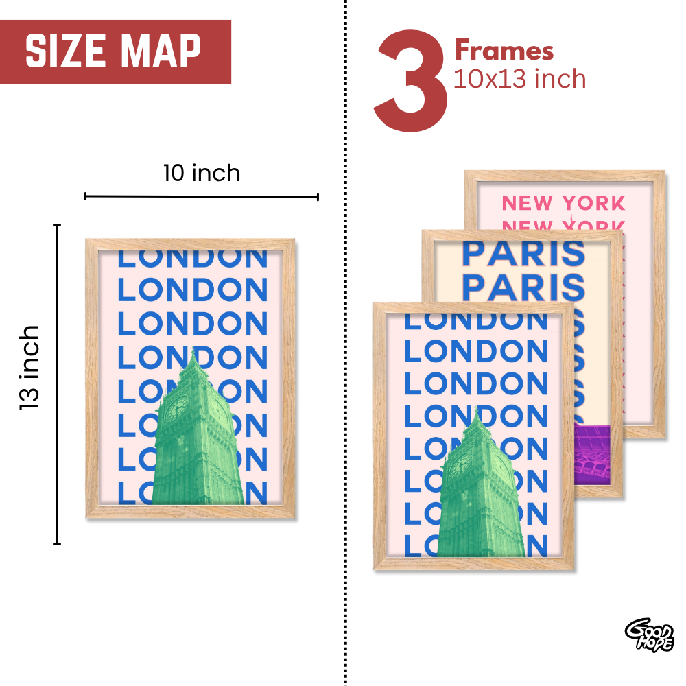 Good Hope Set of 3 Framed POSTER Cityscape Wall Art Inches Bold Typography Posters Featuring Landmarks of London, Paris & New York for Home Decoration