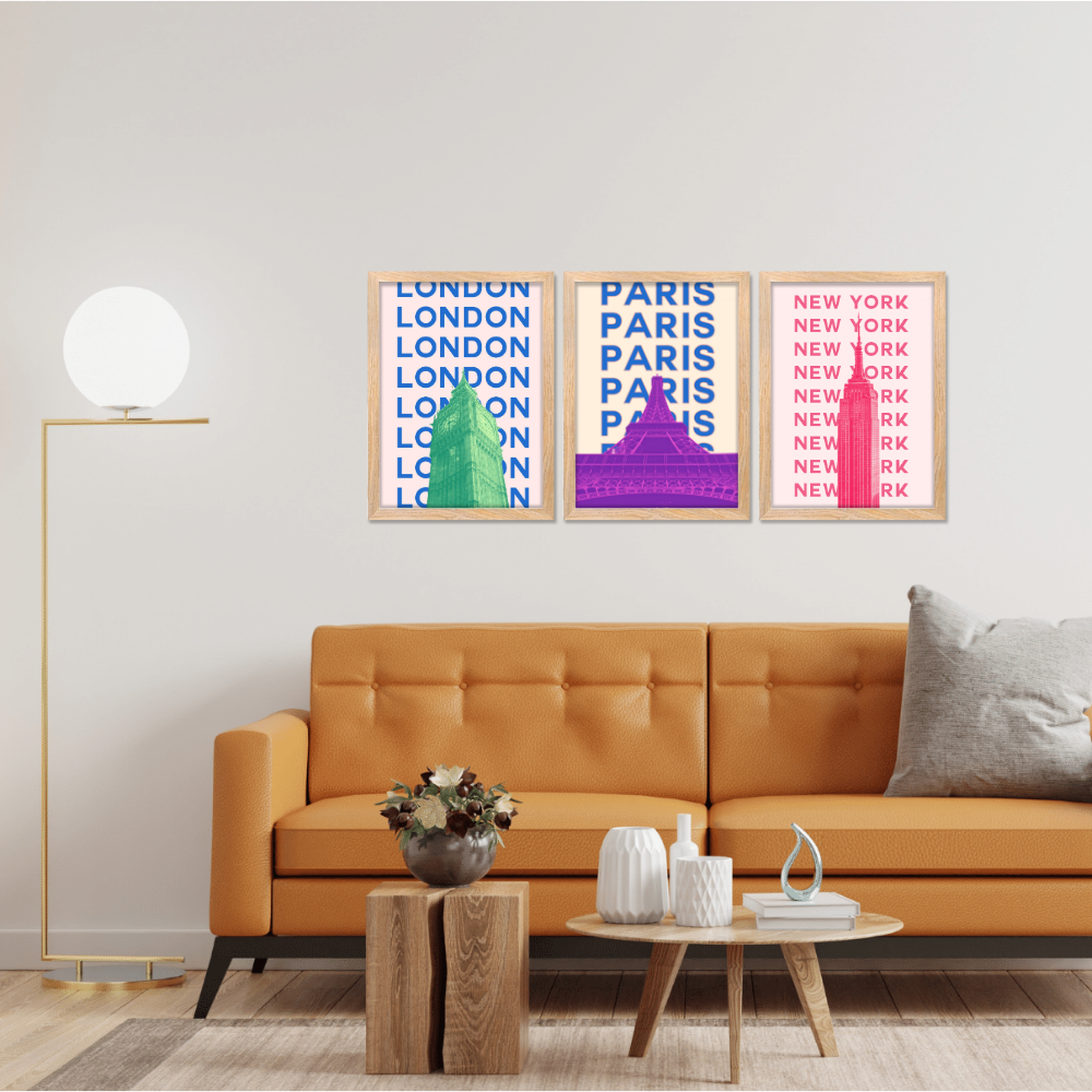 Good Hope Set of 3 Framed POSTER Cityscape Wall Art Inches Bold Typography Posters Featuring Landmarks of London, Paris & New York for Home Decoration