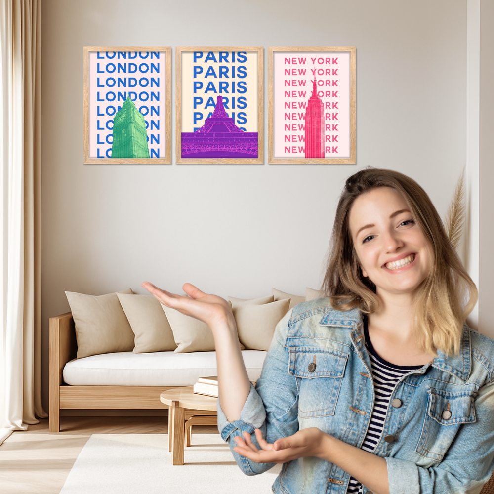 Good Hope Set of 3 Framed POSTER Cityscape Wall Art Inches Bold Typography Posters Featuring Landmarks of London, Paris & New York for Home Decoration