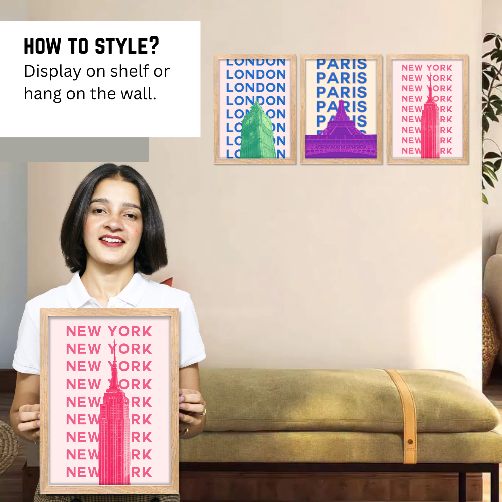 Good Hope Set of 3 Framed POSTER Cityscape Wall Art Inches Bold Typography Posters Featuring Landmarks of London, Paris & New York for Home Decoration
