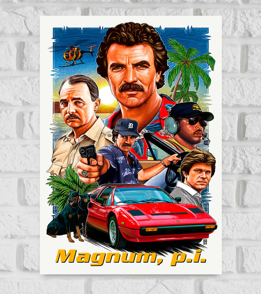 Poster of Magnum, P.I. featuring a collage of characters including the main character with a mustache in a red Hawaiian shirt, a red Ferrari, a helicopter, two Doberman dogs, and supporting characters with serious expressions. The background includes palm trees and a sunset sky. The title "Magnum, p.i." is written at the bottom in bold yellow letters Hollywood Movies Drama Action Adventure Actors