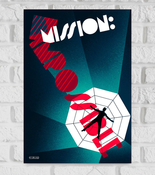 Stylized poster of Mission: Impossible featuring a minimalist design. The word "MISSION:" is displayed in bold, white geometric font at the top, while the word "IMPOSSIBLE" appears diagonally in red, fragmented text. At the center, a silhouette of a man is suspended in mid-air over a white hexagonal web-like structure, suggesting tension and espionage. The background has a dark gradient of blues and greens, giving a dramatic and high-stakes atmosphere fitting the film's theme of covert operations and suspen