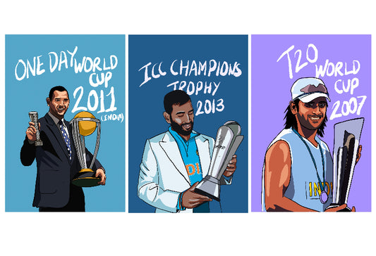 MS Dhoni Indian Cricketer With Thophy Sports Player Cricket Games World Cup T20 IPL White Blue Yellow & Black Color Matte Finish Wall Decor Posters Frame