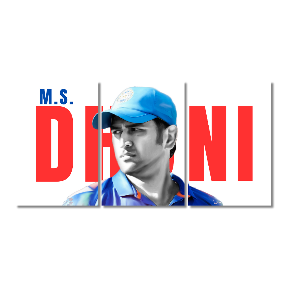 MS Dhoni 3-panel split wall poster featuring the Indian cricket legend in a blue jersey and cap with bold red “DHONI” MS Dhoni poster, Indian cricketer wall art, cricket legend frame, Dhoni wall poster, motivational sports art, Mahendra Singh Dhoni artwork, cricket captain poster, CSK wall decor, India cricket memorabilia, Dhoni inspirational quote, cricket room decoration. Captain Cool, 2007 T20 World Cup, 2011 ODI World Cup, and 2013 Champions Trophy Chennai Super Kings (CSK)