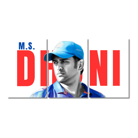 MS Dhoni 3-panel split wall poster featuring the Indian cricket legend in a blue jersey and cap with bold red “DHONI” MS Dhoni poster, Indian cricketer wall art, cricket legend frame, Dhoni wall poster, motivational sports art, Mahendra Singh Dhoni artwork, cricket captain poster, CSK wall decor, India cricket memorabilia, Dhoni inspirational quote, cricket room decoration. Captain Cool, 2007 T20 World Cup, 2011 ODI World Cup, and 2013 Champions Trophy Chennai Super Kings (CSK)