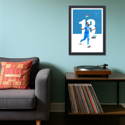 Mohammed Siraj Framed Poster, Siraj Photo Frame, Cricketers Posters for Wall, Cricketers Photo Frame, Motivational Quote Frame for turf, sports room decoration,  Interior decor for man caves, cricket-themed