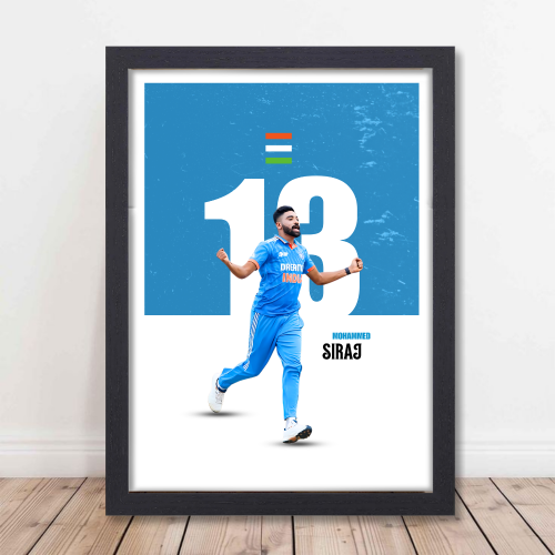 Mohammed Siraj Framed Poster, Siraj Photo Frame, Cricketers Posters for Wall, Cricketers Photo Frame, Motivational Quote Frame for turf, sports room decoration,  Interior decor for man caves, cricket-themed