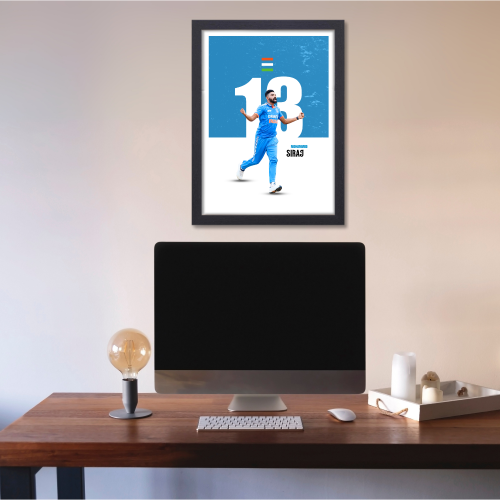 Mohammed Siraj Framed Poster, Siraj Photo Frame, Cricketers Posters for Wall, Cricketers Photo Frame, Motivational Quote Frame for turf, sports room decoration,  Interior decor for man caves, cricket-themed