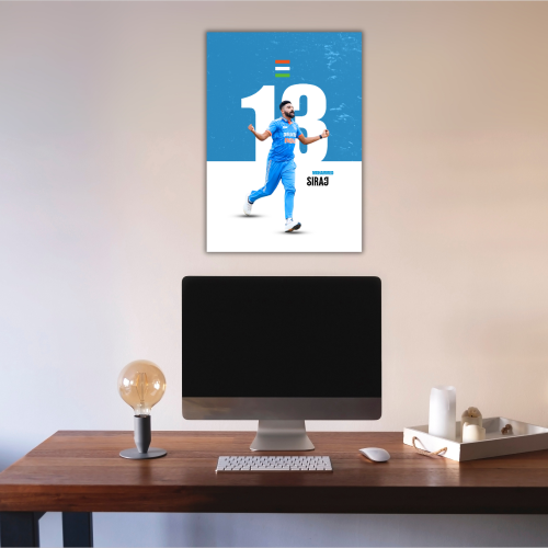 Mohammed Siraj Framed Poster, Siraj Photo Frame, Cricketers Posters for Wall, Cricketers Photo Frame, Motivational Quote Frame for turf, sports room decoration,  Interior decor for man caves, cricket-themed Cricketer Mohammed Siraj Framed Poster Rohit Sharma Virat Kohli dhoni poster frame For wall decor Home Wall room office living building hall bedroom hostel Boys wall photo Motivational quote Jersey Bat Helmet Ball