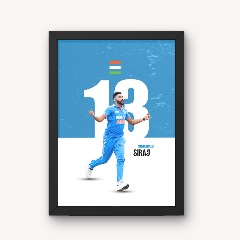 Mohammed Siraj Indian Cricketer Sports Player Cricket World Cup T20 IPL White & Blue Color Matte Finish Wall Decor Posters Frame