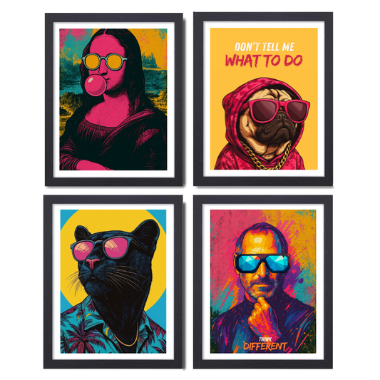 Pop Art Wall Frame Combo Set – Set of 4 Quirky Framed Posters Mona Lisa, Pug, Panther & Steve Jobs – Funky Framed Prints for Room Decor, Office, Lounge & Gifting, Pop art posters, funky wall frames, quirky wall art, Steve Jobs poster, Mona Lisa with bubblegum, dog wall art, pug hoodie poster, panther sunglasses art, motivational posters, think different poster, framed prints set, modern wall decor, Mona Lisa pop art poster  Steve Jobs Think Different poster  Pug with hoodie wall art  Panther with sunglasses