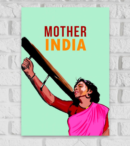 A poster of the movie 'Mother India' featuring an illustration of a woman in a pink saree holding a scythe, with the title 'MOTHER INDIA' in bold letters at the top.