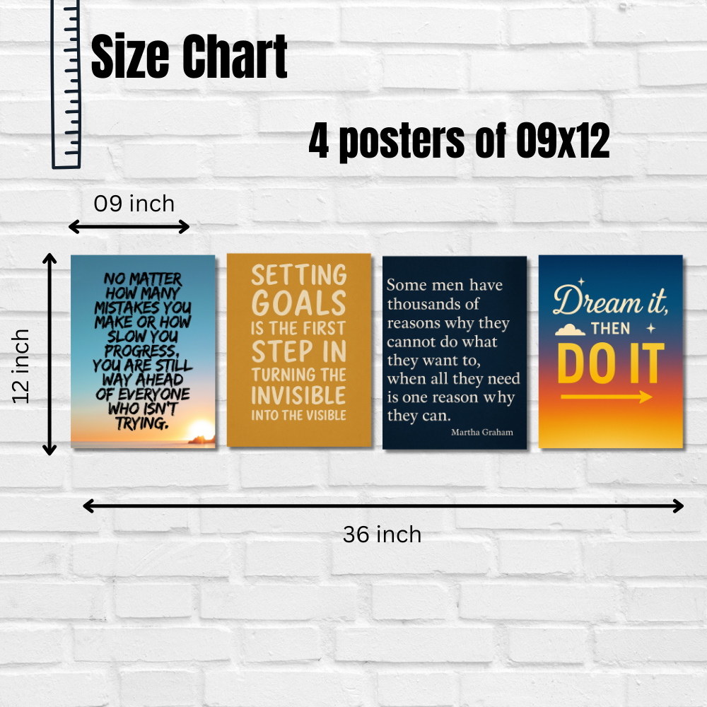 Motivational Quotes Poster Motivation Quote Posters Inspiring Lines Stickers Set of 4 Posters for Students & Study Room Library decoration Living room bedroom kitchen Dining hall & office wall decor