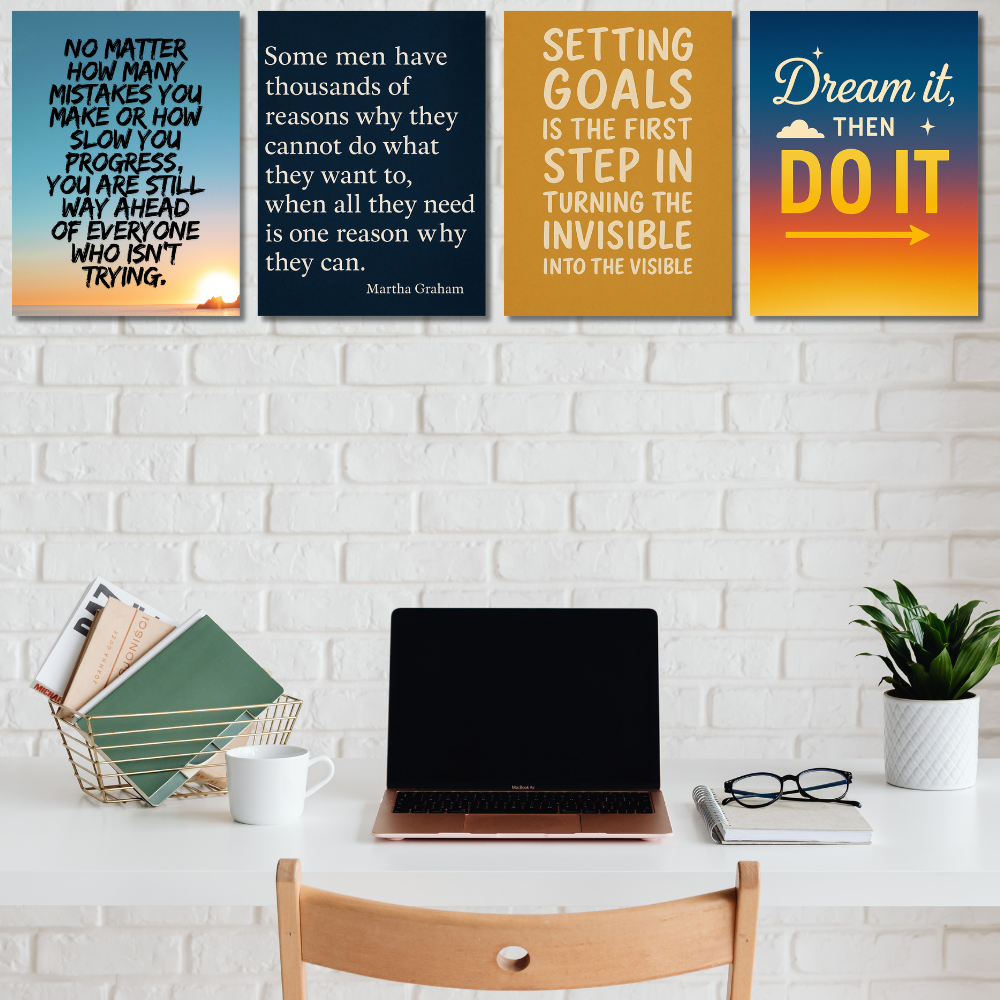 Motivational Quotes Poster Motivation Quote Posters Inspiring Lines Stickers Set of 4 Posters for Students & Study Room Library decoration Living room bedroom kitchen Dining hall & office wall decor